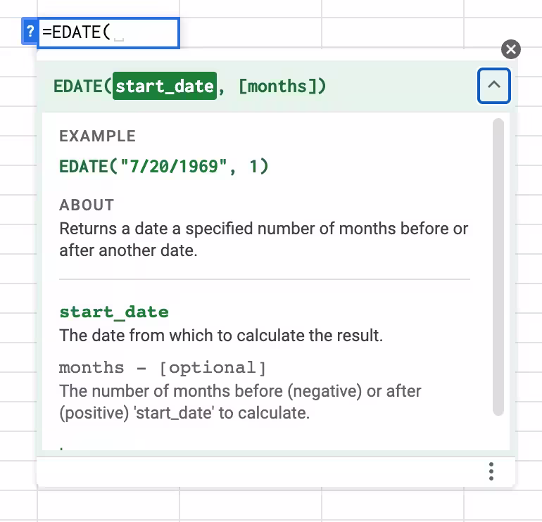 Google Sheets EDATE function example showing syntax =EDATE(start_date, months) with parameter descriptions and examples in spreadsheet cells