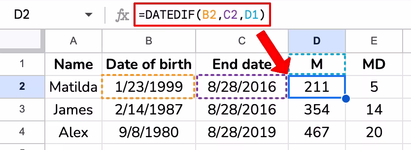 DATEDIF function with month and day units