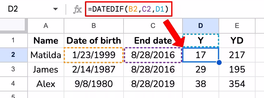 Finding the years and days between two dates with the DATEDIF function