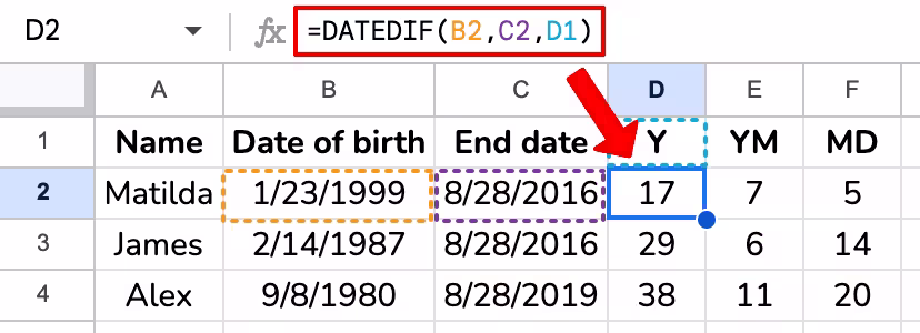 DATEDIF function with year, month, and day units