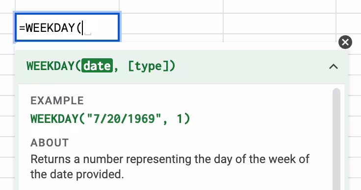 Google Sheets help text showing basic information about the WEEKDAY function