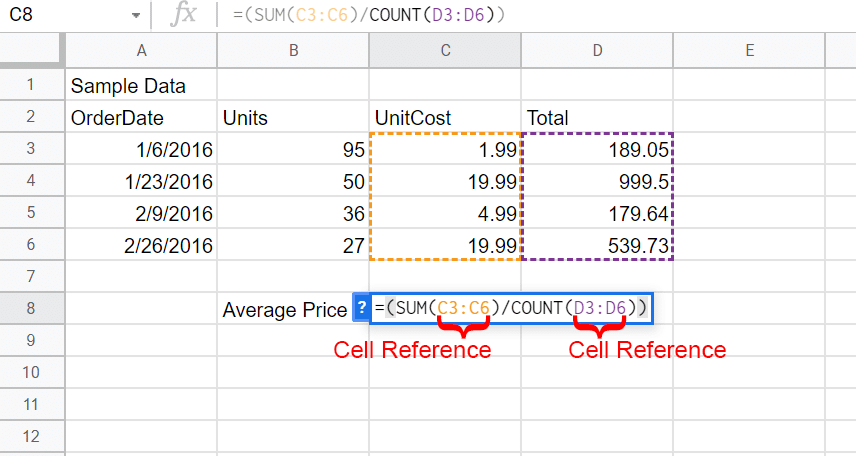 Cell references in a formula