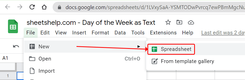 Menu to create a new spreadsheet from inside of Google Sheets