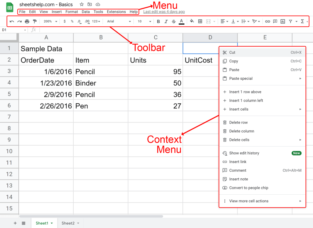 Basic parts of a spreadsheet with menus and toolbars pointed out