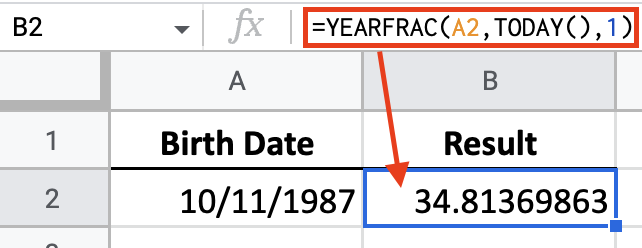 Using YEARFAC and TODAY to calculate age in Google Sheets