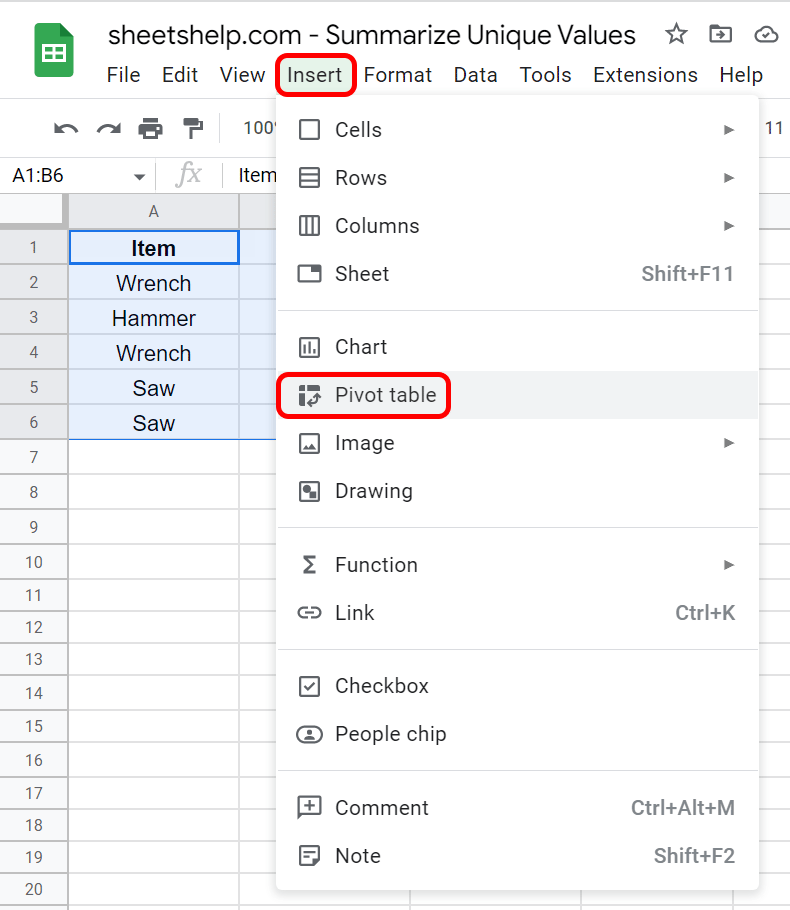 Using the menu to insert a pivot table
