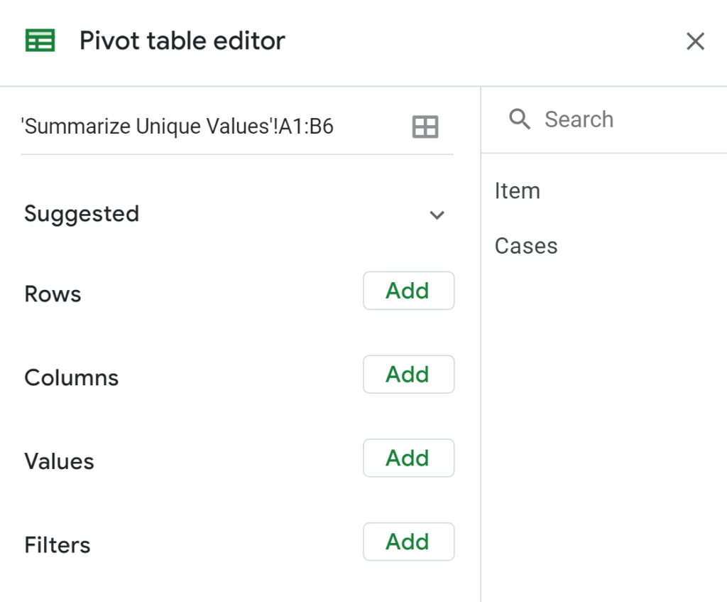 Pivot table editor pop up menu