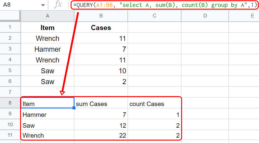 QUERY Function output summarizing unique values