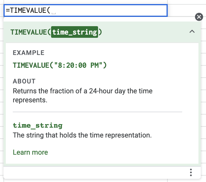 Function help text for TIMEVALUE