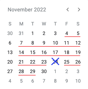 A calendar with the days being counted underlined with a holiday being excluded