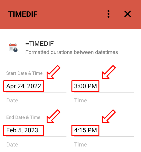 TIMEDIF sidebar with datetimes