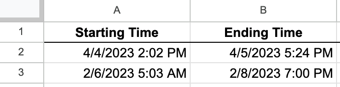 Valid start and end times