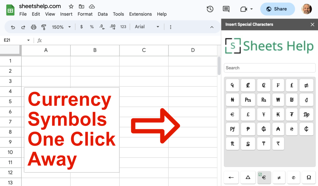 Using the Insert Special Characters Add-On for Currency Symbols