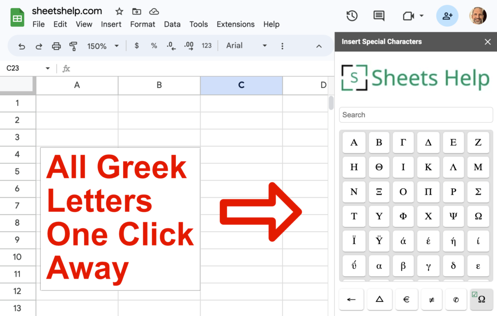 Using the Insert Special Characters Add-On for Greek Letters