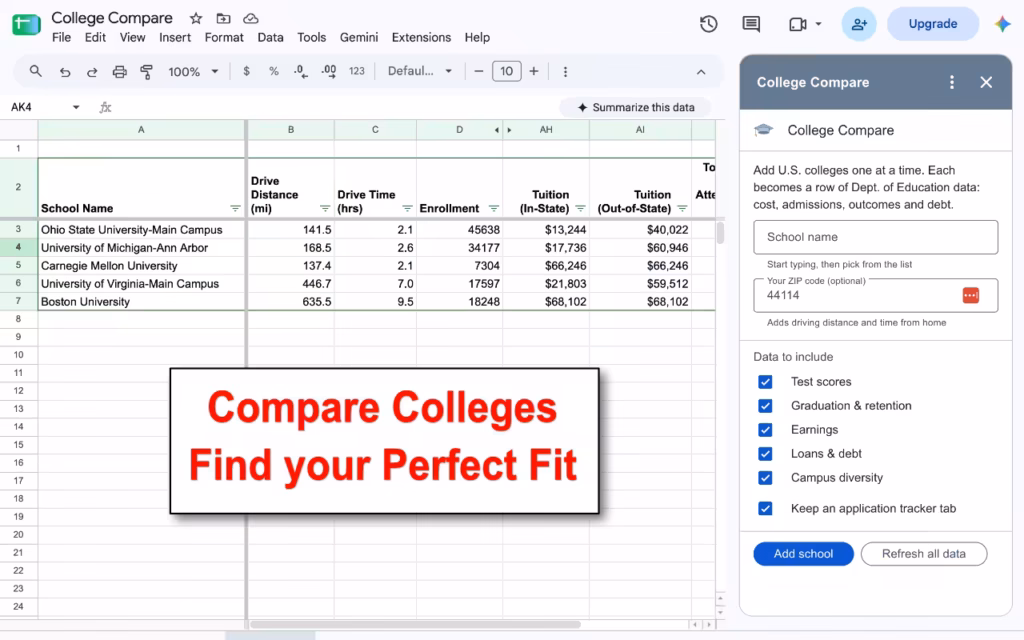 Three colleges being compared with the College Compare add-on