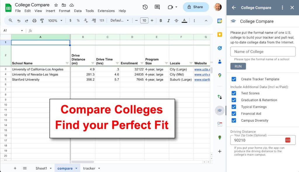 Three colleges being compared with the College Compare add-on