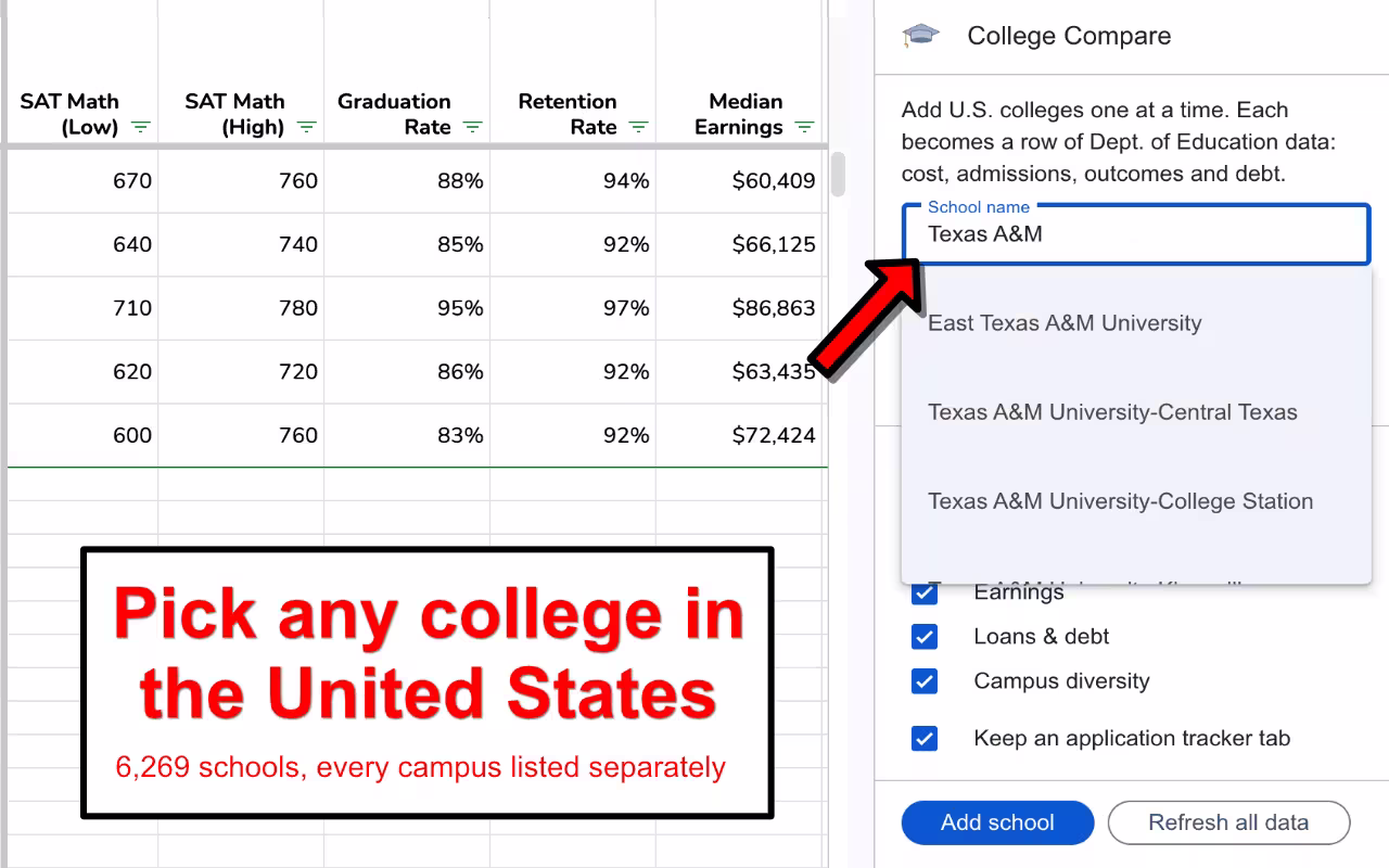 College Compare college input box with Texas A&M typed in