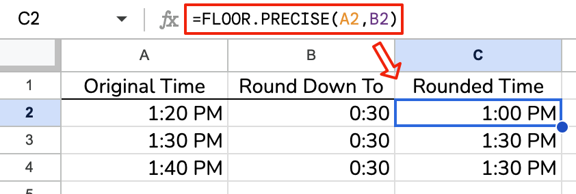 Rounding times down to the nearest half hour with the FLOOR.PRECISE function