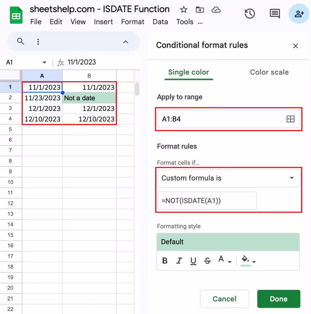 Using the ISDATE function in conditional formatting