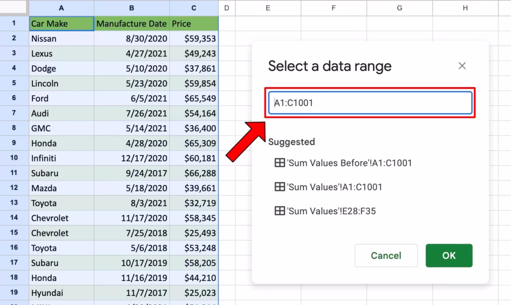 Data range for the pivot table