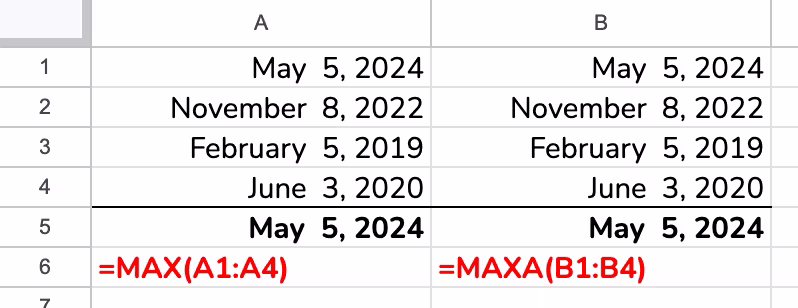 finding the largest dates with MAX and MAXA with the same output