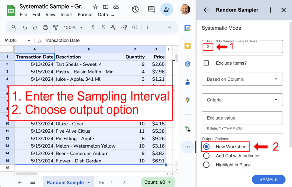 The Random Sampler add-on with the sampling interval and output options selected