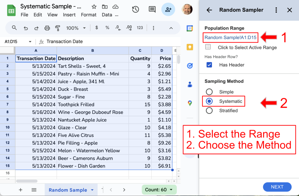 The Random Sampler add-on with the range and method selected
