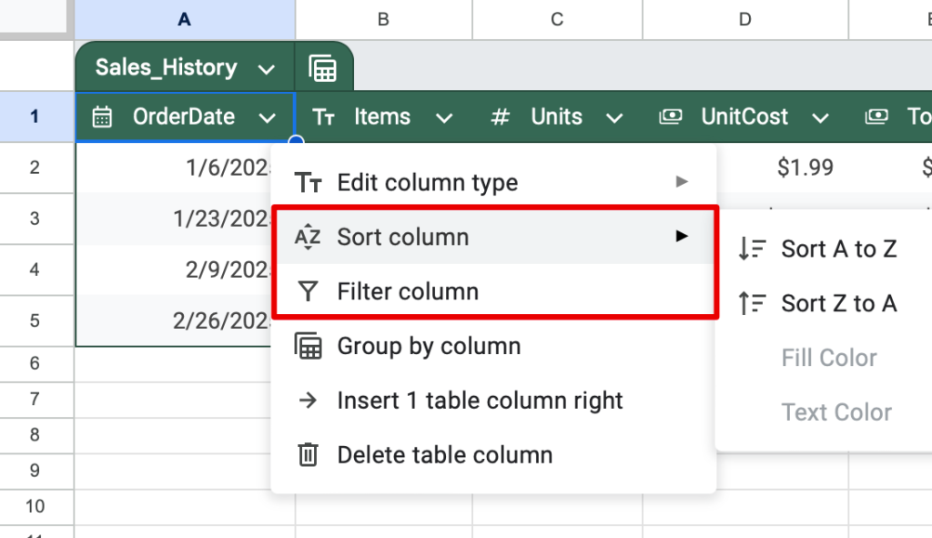 The table column controls showing filter and sort