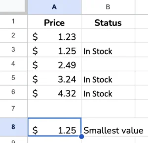 Inventory listing with two columns. One column with price, one with status.