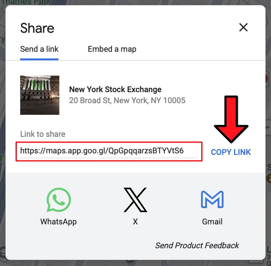 Google Maps option to copy a location's link