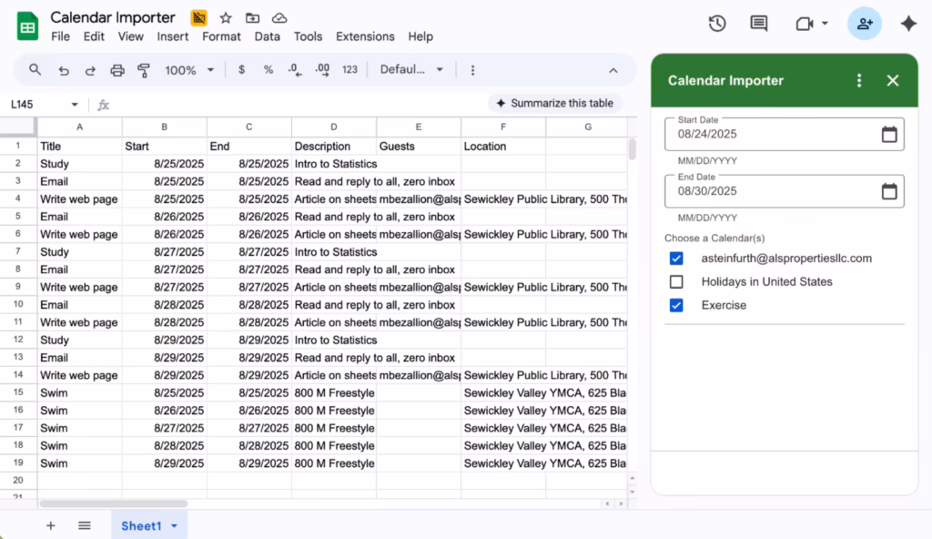 Calendar entries listed in Google Sheets