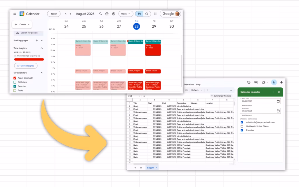 Google Calendar and Sheets with an arrow showing data going from Calendar