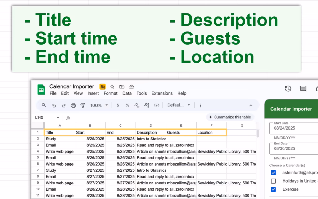 Listing of data fields from Google Calendar