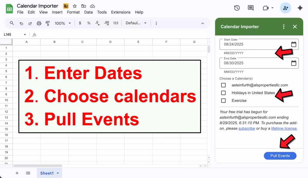 Screenshot showing three steps to use Calendar Importer
