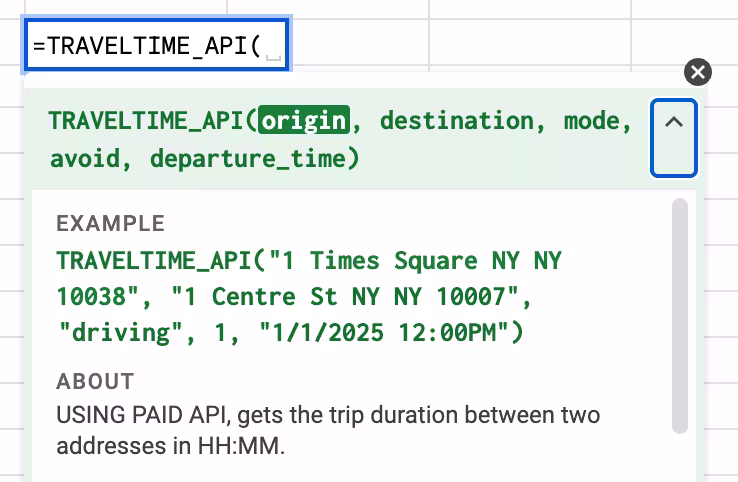 Function help for TRAVELTIME_API