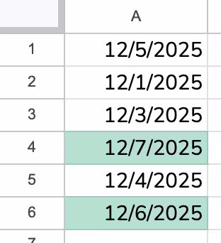 List of dates with weekends highlighted in green from conditional formatting