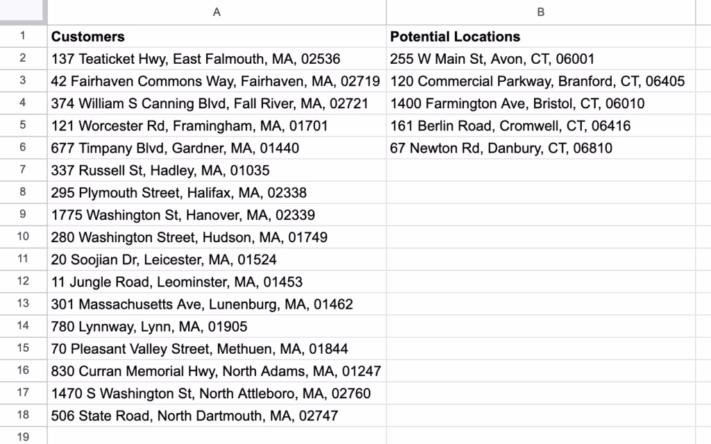Two columns of locations in Google Sheets