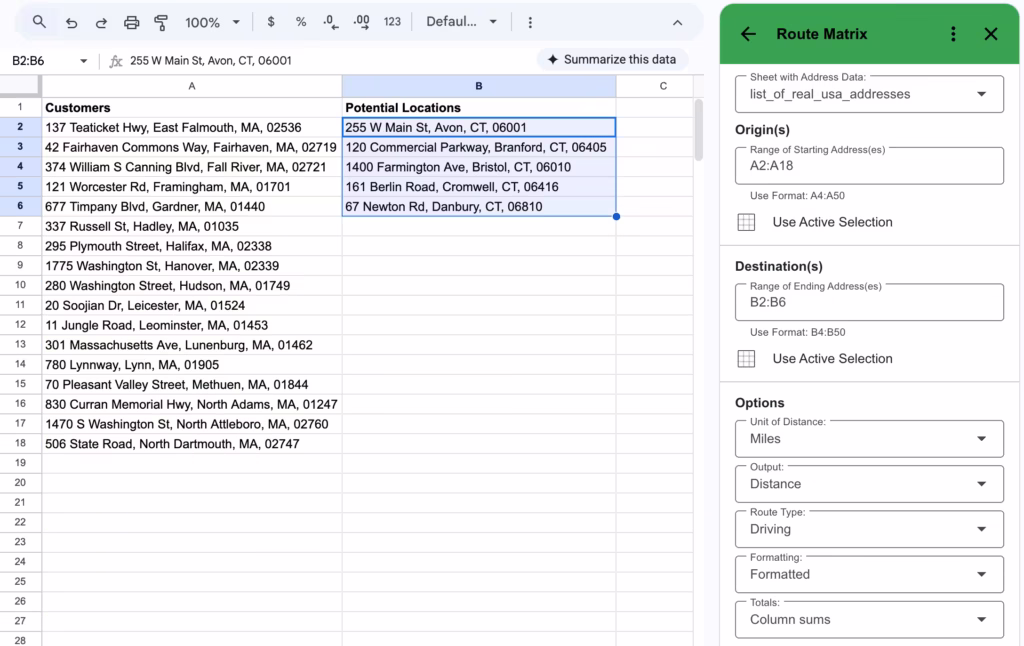 Route Matrix sidebar showing settings for location analysis