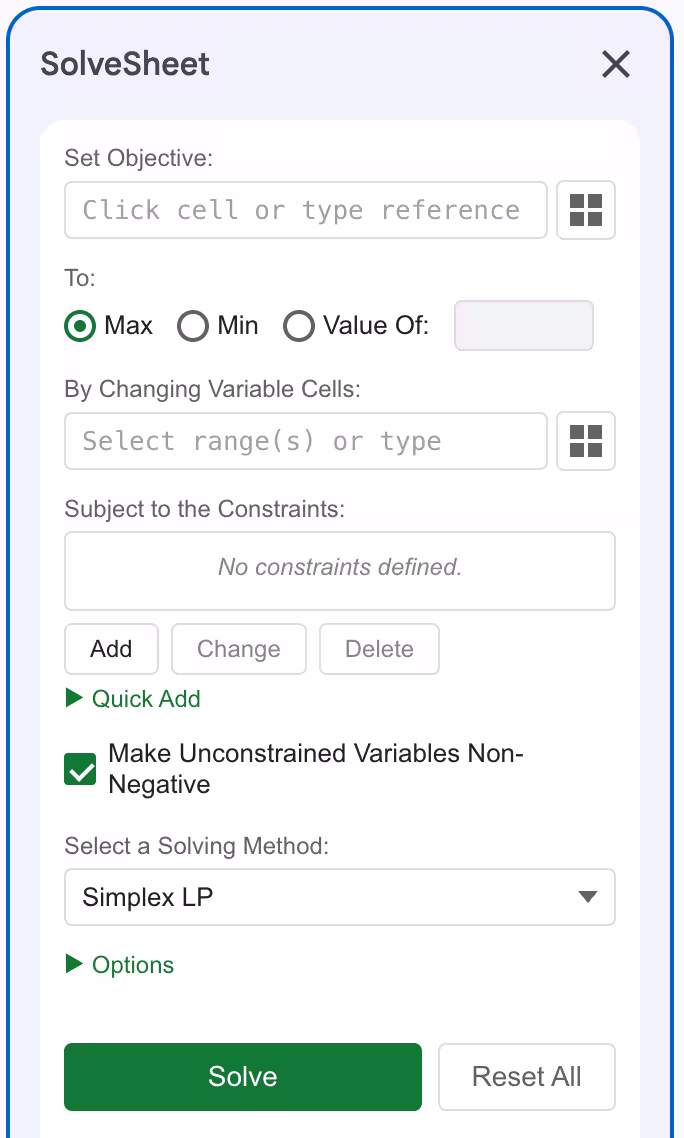SolveSheet sidebar inside Google Sheets showing the Set Objective, Variable Cells, and Constraints inputs