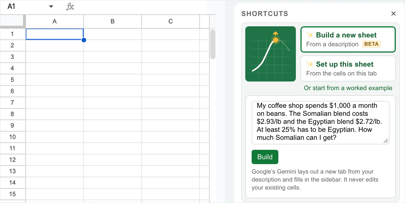 SolveSheet in the Google Sheets sidebar showing building a model with an AI prompt