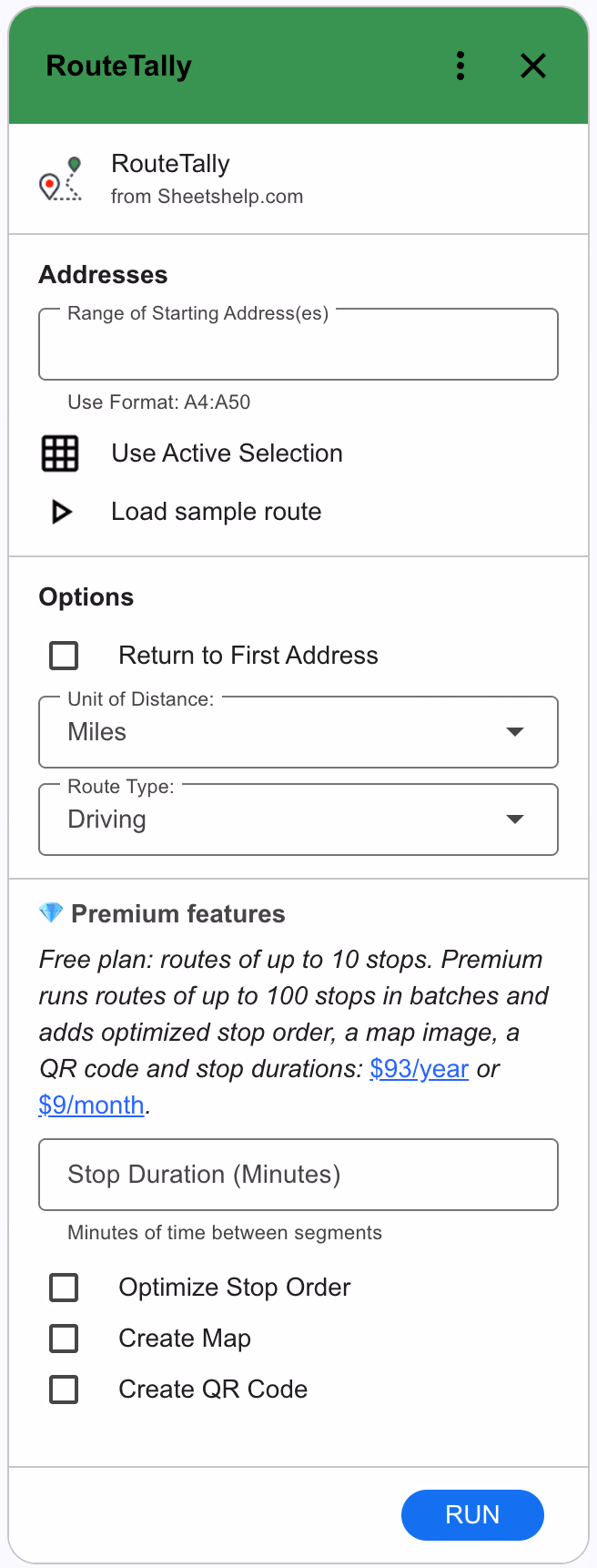 The RouteTally sidebar on a free plan: the Premium section shows the limit of 10 stops and the prices of  a year or  a month