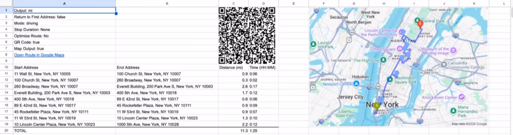 RouteTally premium output: a QR code and a map image beside the table of legs