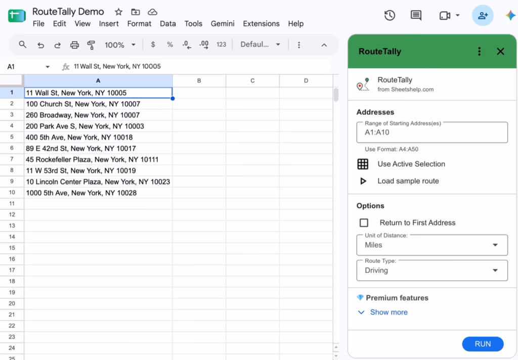 RouteTally in Google Sheets: a list of ten addresses in column A and the RouteTally sidebar with the range filled in