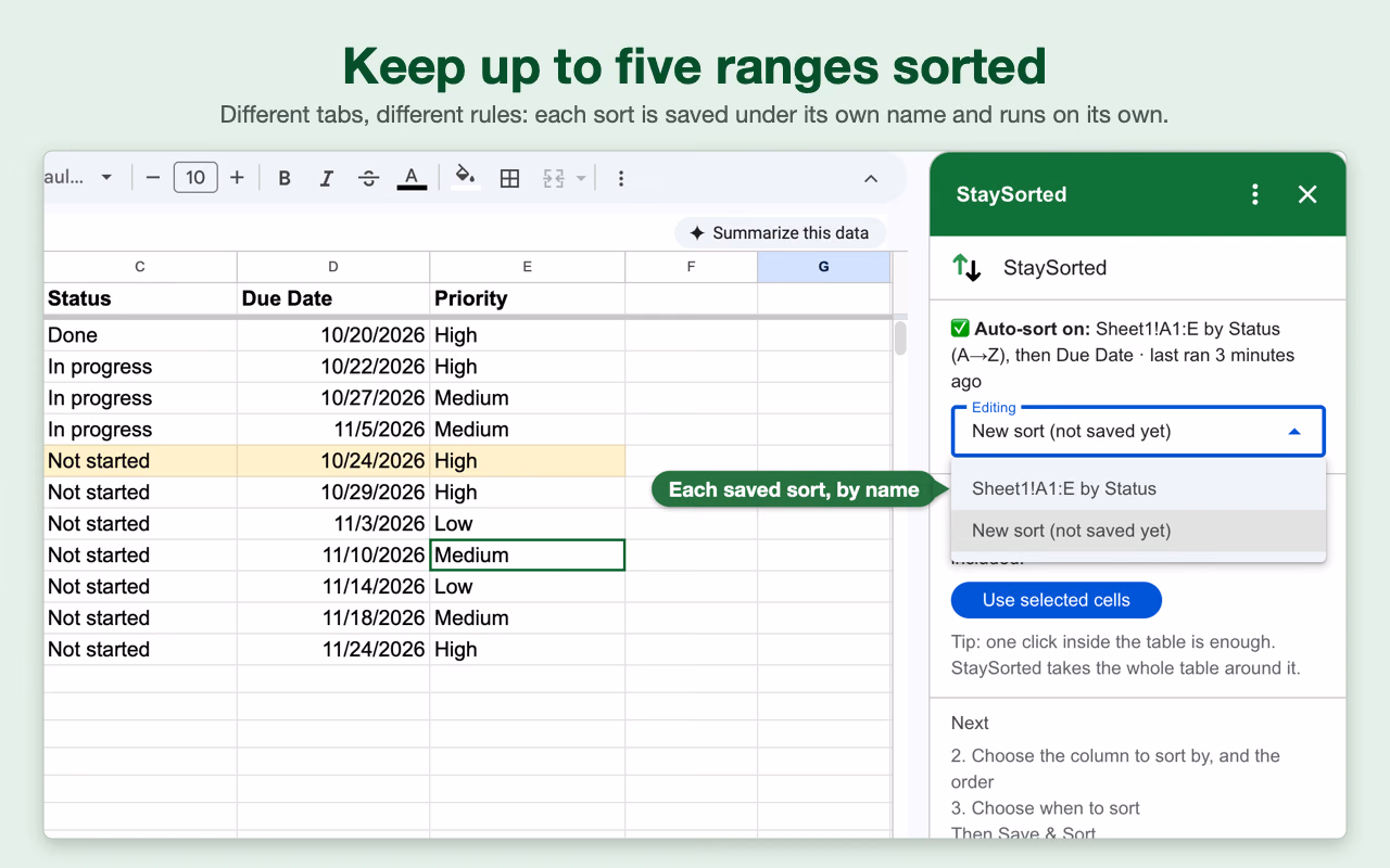 StaySorted sort picker open, listing the saved sort by name and a new one being added.
