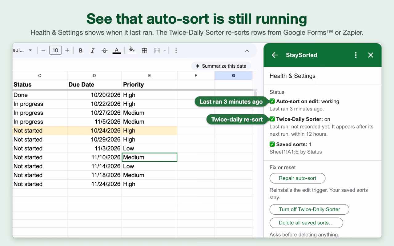 StaySorted Health & Settings: auto-sort on edit is working and last ran 3 minutes ago, and the Twice-Daily Sorter is on.