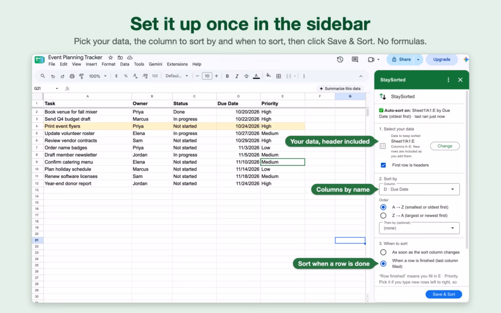 StaySorted sidebar beside a task list: data Sheet1!A1:E with a header row, sorted by Due Date, oldest first, when the last column of a row is filled in.
